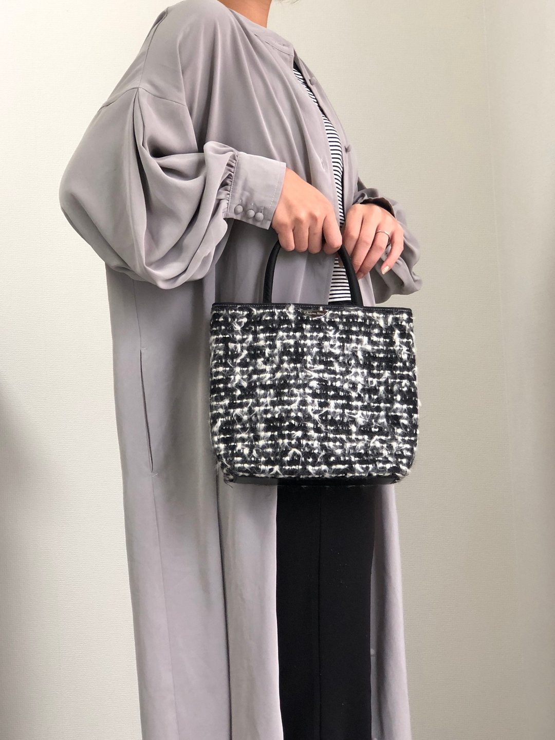 【 日本直送 名牌中古包 】Christian Dior 迪奥 手提包 黑色 白色 Logo 羊毛 斜纹布 ny7jtf - 手提包/手提袋 - 羊毛 黑色