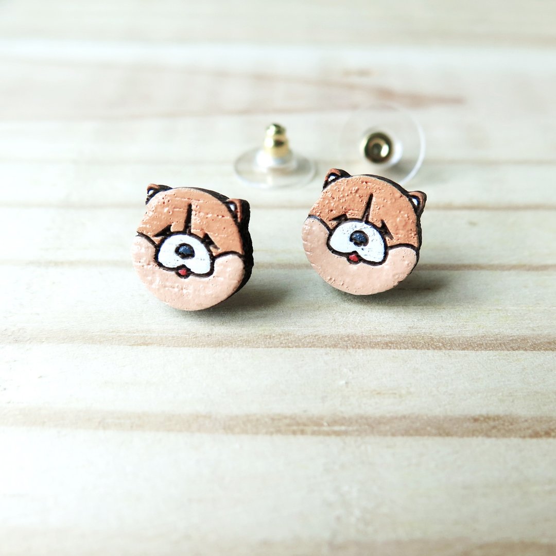 Wooden earring chow chow - 耳环/耳夹 - 木头 橘色