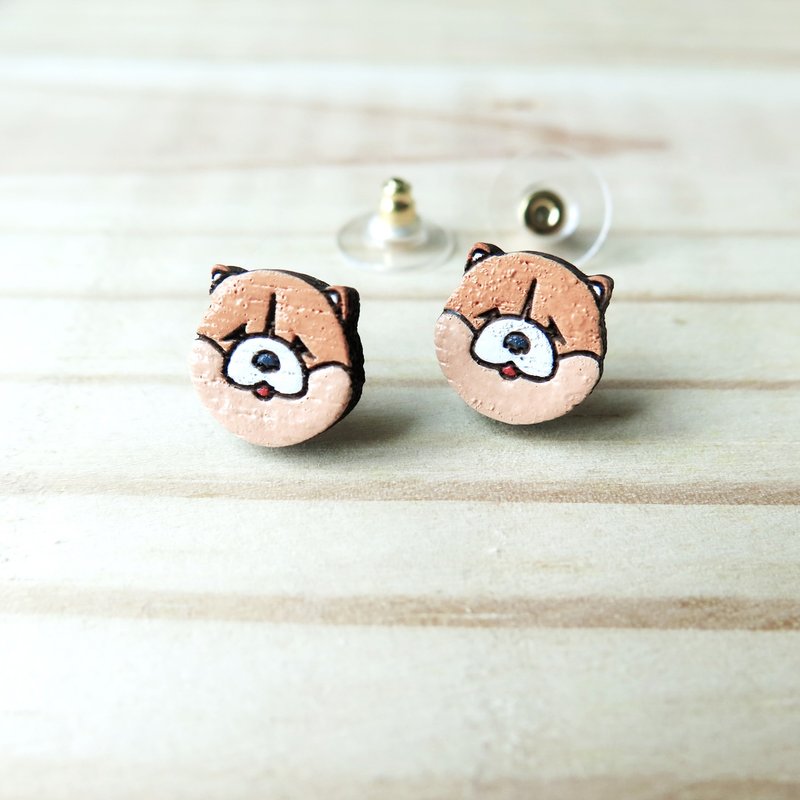 Wooden earring chow chow - 耳环/耳夹 - 木头 橘色