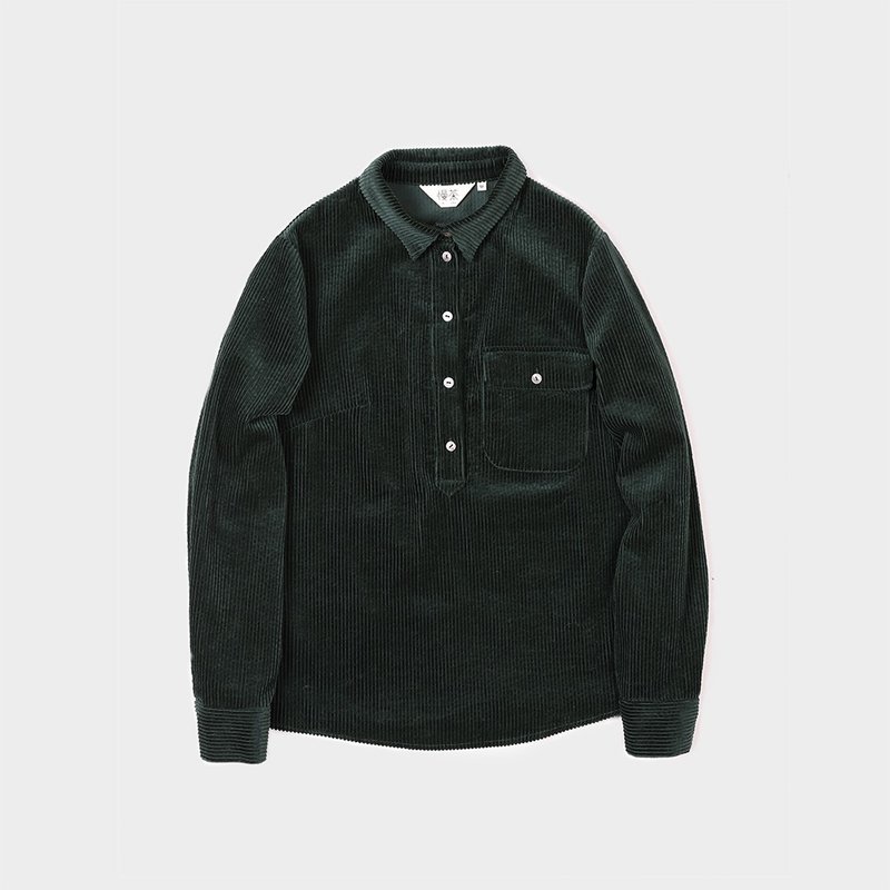 墨绿色重磅灯芯绒大口袋衬衫 - 女装衬衫 - 棉．麻 绿色