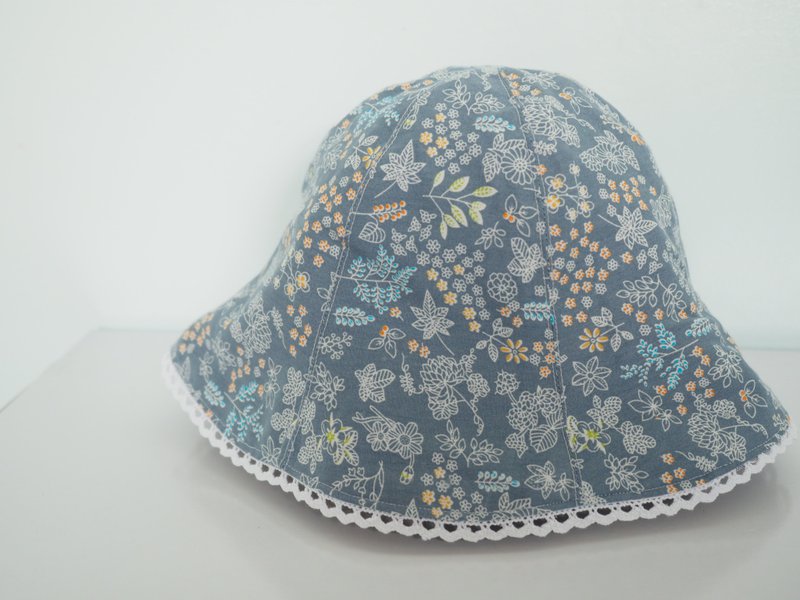 手工制作双面粉蓝碎花/ 拼布灰蓝防风防晒帽子 适合婴儿小孩成人 - 帽子 - 棉．麻 蓝色