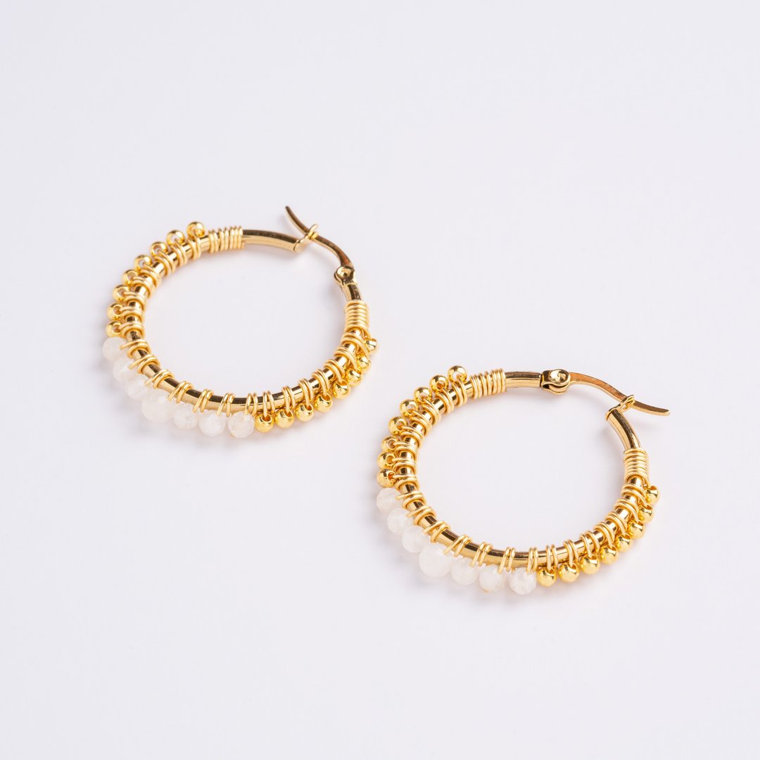 Large Rumaisa Earrings in Moonstone (18K Gold Plated Moonstone Hoops) - 耳环/耳夹 - 不锈钢 白色