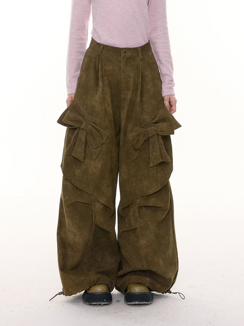 ziziFei秋冬季美式复古设计感蝴蝶结高腰显瘦做旧棕色休闲长裤女 - 女装长裤 - 其他材质 