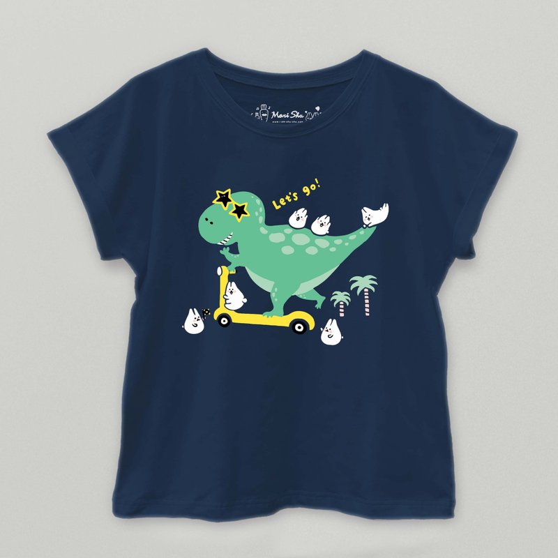 麻糬兔与暴龙溜滑板T-shirt - 女装上衣 - 棉．麻 蓝色
