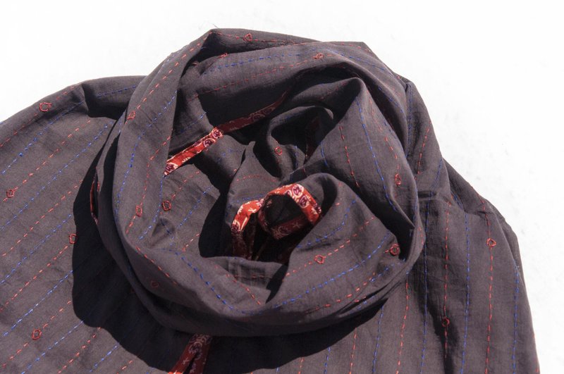 手工缝纯棉丝巾/纯棉刺绣围巾/印度有机棉刺绣丝巾-沙漠风木刻印 - 围巾/披肩 - 棉．麻 多色