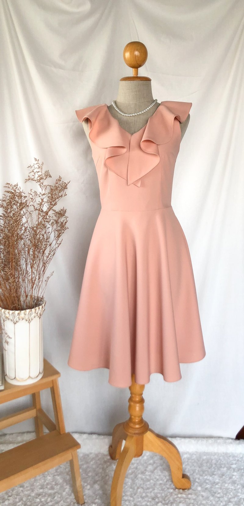 Old Rose pink Dress ruffle Bridesmaid Dress Evening Party Dress Ruffle V Neck - 洋装/连衣裙 - 聚酯纤维 粉红色