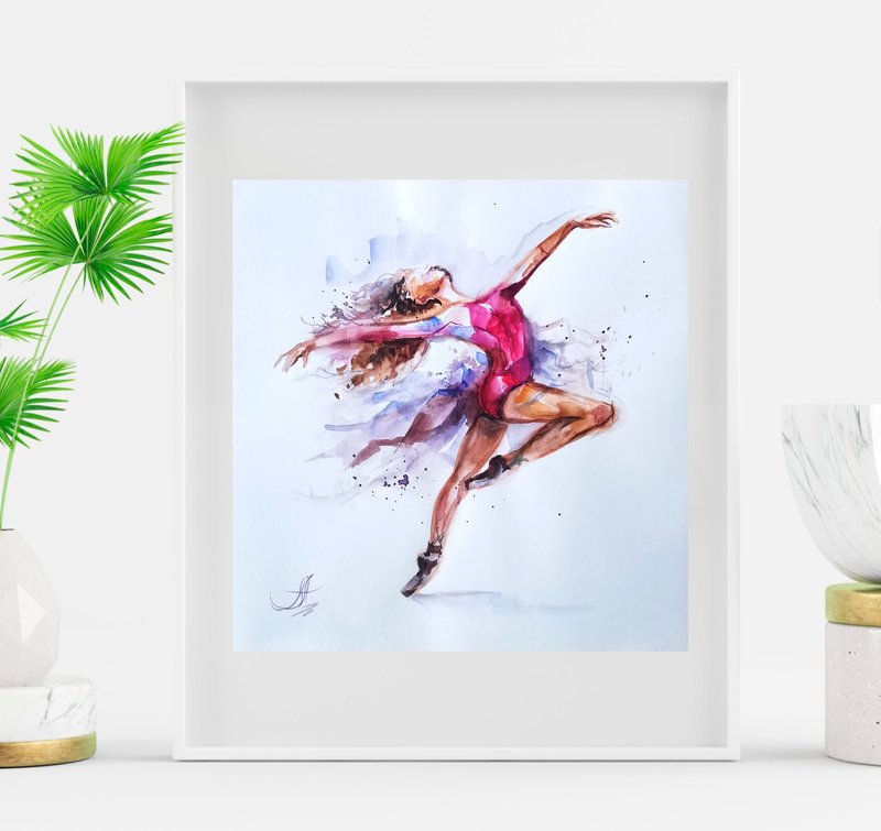 麦田里的女孩 原创水彩画。 - 墙贴/壁贴 - 纸 红色