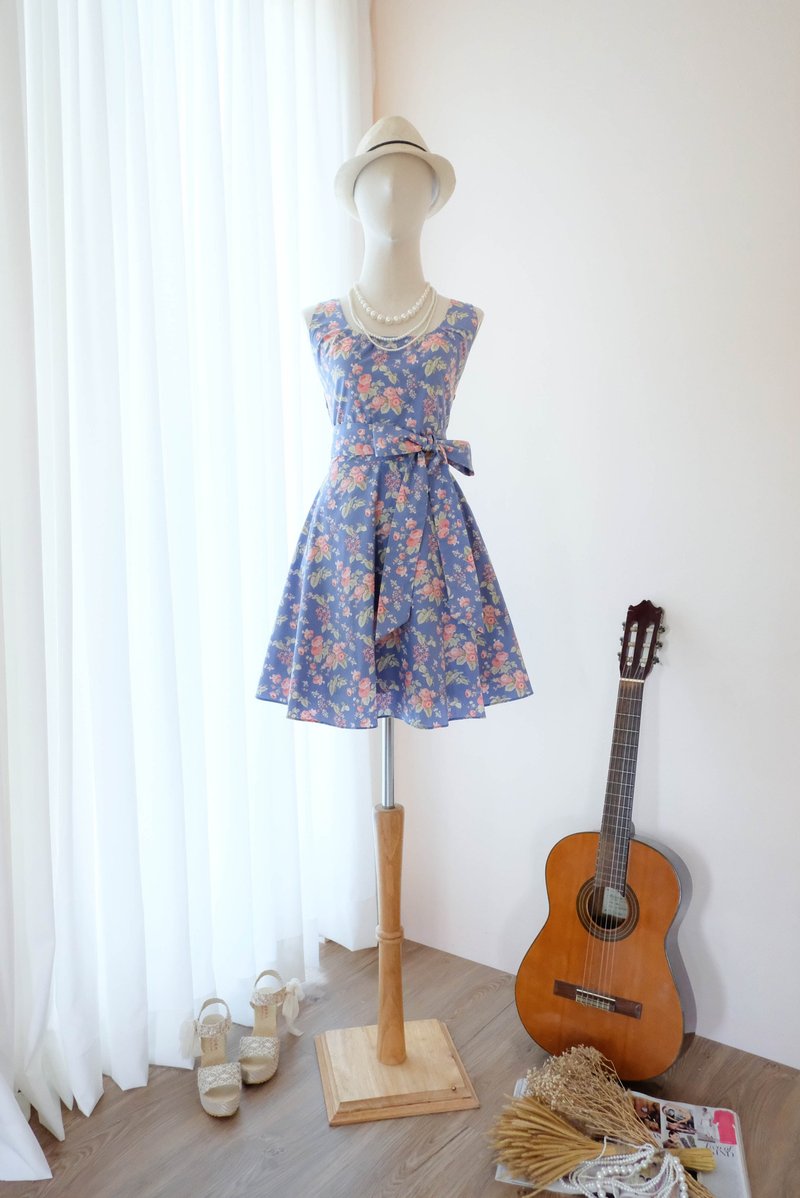Cutie Blue Floral  Sundress Spring Summer Tea Floral Dress Vintage Inspired - 洋装/连衣裙 - 棉．麻 蓝色