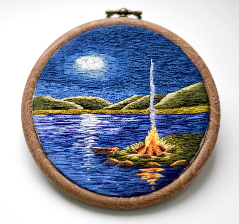 Night Landscape Embroidery Art, Hand Embroidery, Thread Painting, Hoop Art - 墙贴/壁贴 - 绣线 多色