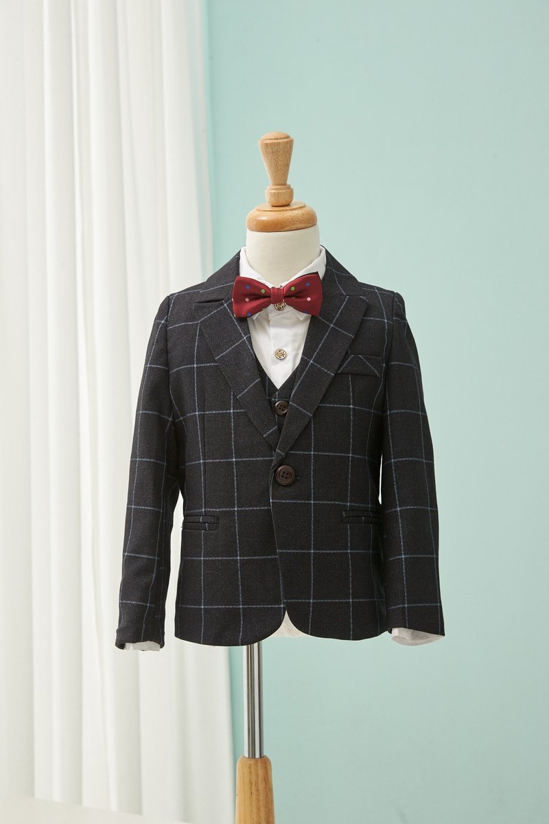 HAO.HAO kids 大方格纹西装-浅蓝格纹深灰(三件组) - 童装礼服/连衣裙 - 其他材质 
