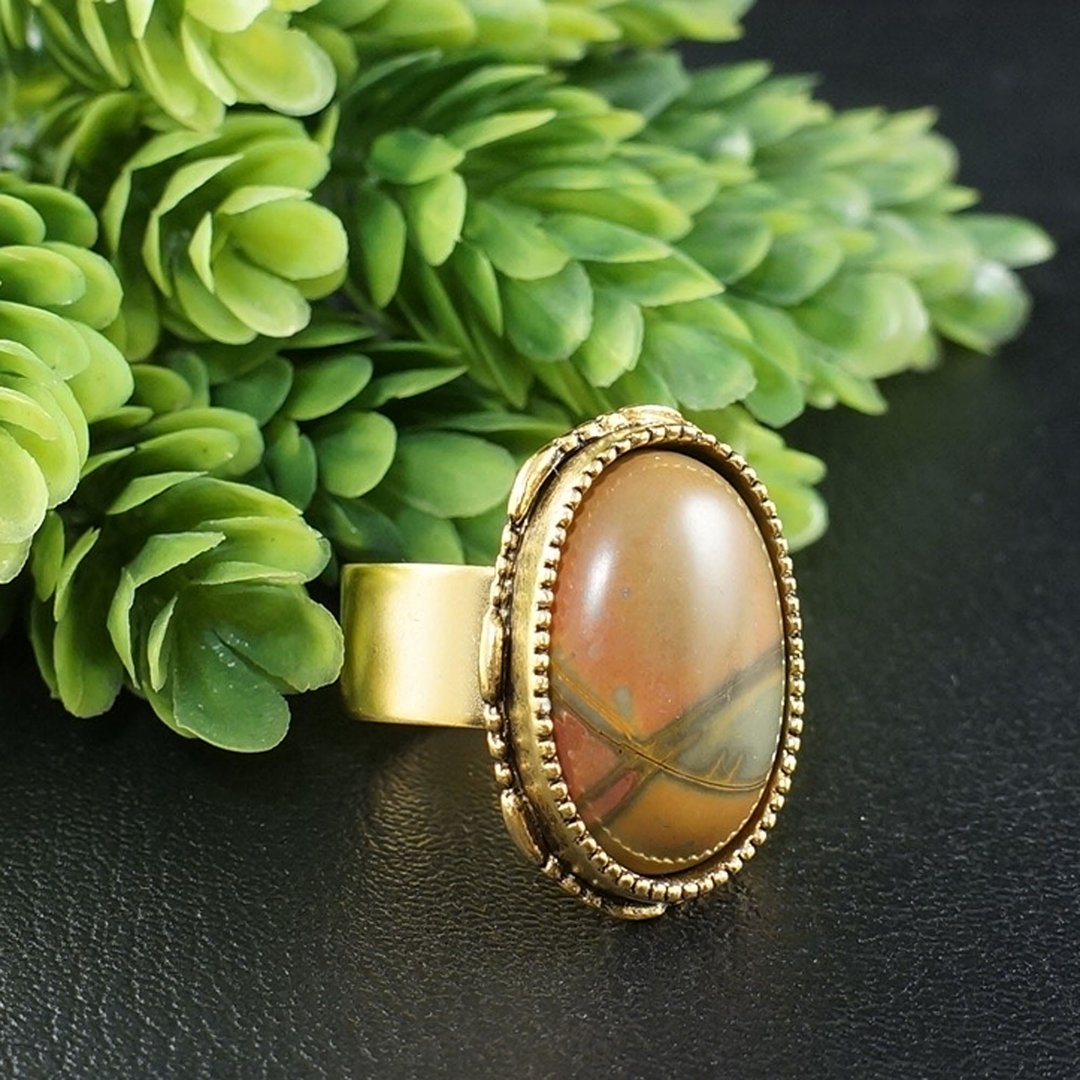 Picasso Jasper Adjustable Ring Large Boho Oval Golden Stone Ring Woman Jewelry - 戒指 - 半宝石 金色