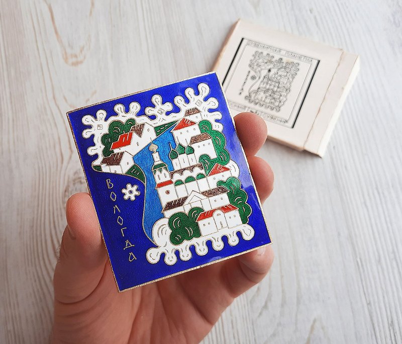 Vintage enamel souvenir USSR - Vologda Russian city plaquette 1983 - 墙贴/壁贴 - 珐琅 蓝色