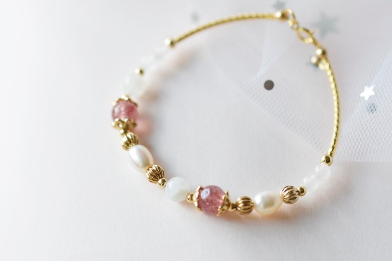 初心少女。草莓晶 月亮石 马粉 珍珠 14K包金 天然石 手链 - 手链/手环 - 水晶 粉红色