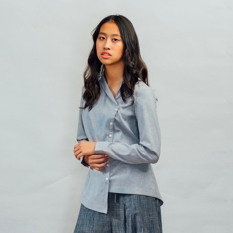 不对称长袖衬衫_灰色日本制布料 - 女装衬衫 - 棉．麻 灰色