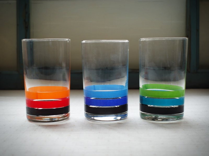 早期印花水杯-多彩线圈 (餐具/旧货/老物/几何/圈圈/玻璃) - 茶具/茶杯 - 玻璃 多色