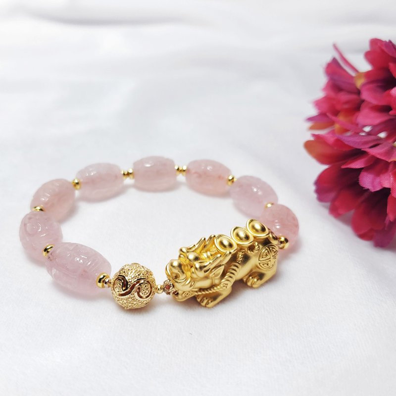冰种摩根石回纹 金貔貅 龙吐珠 光明 招财 智慧 手链 单品 礼物 - 手链/手环 - 宝石 粉红色