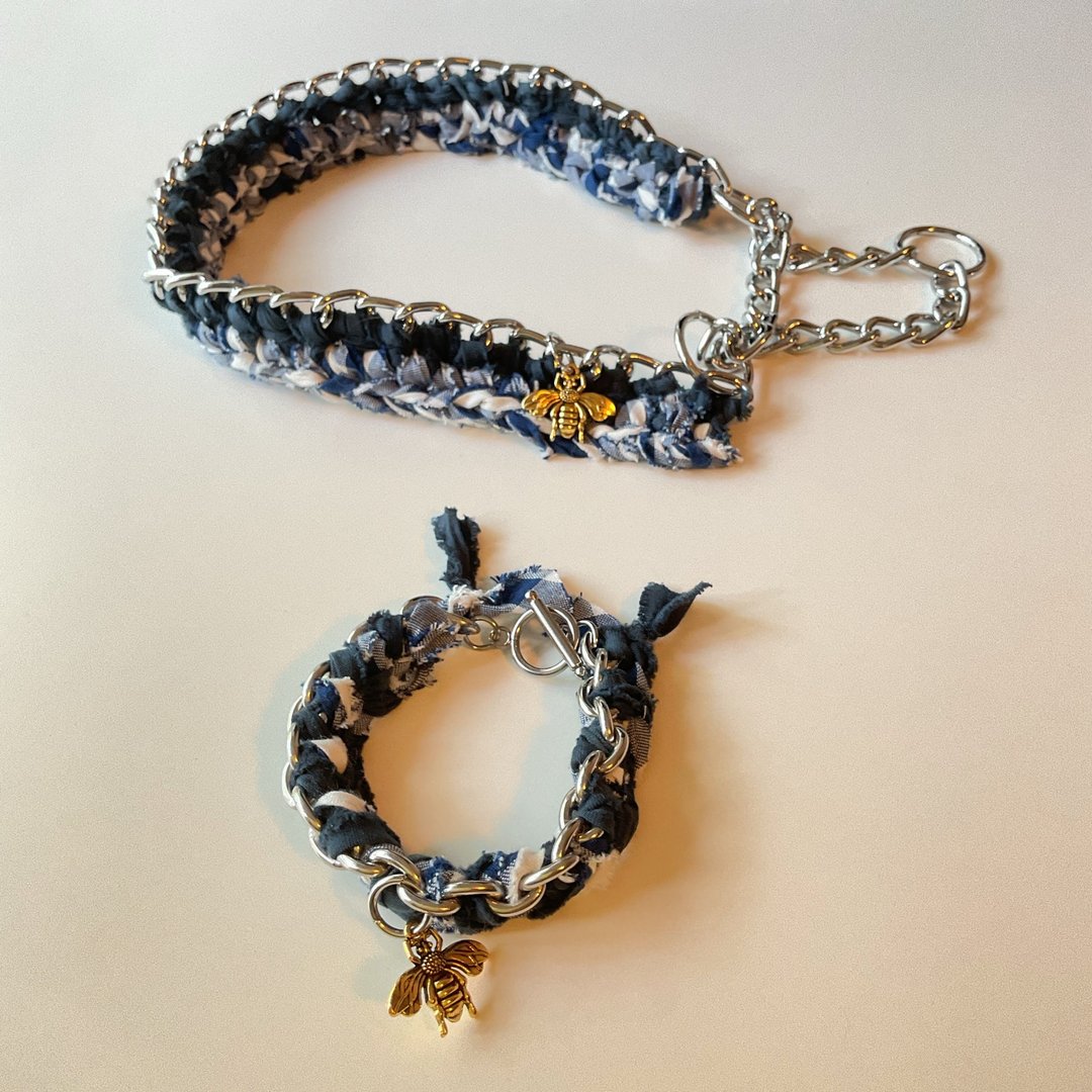 升级再造宠物情侣 dog collar & bracelet 蓝色 M尺寸 - 项圈/牵绳 - 棉 蓝色