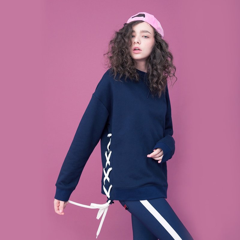 中性款 侧绑带 圆领刷毛运动衫 / 深蓝 - 女装上衣 - 棉．麻 蓝色