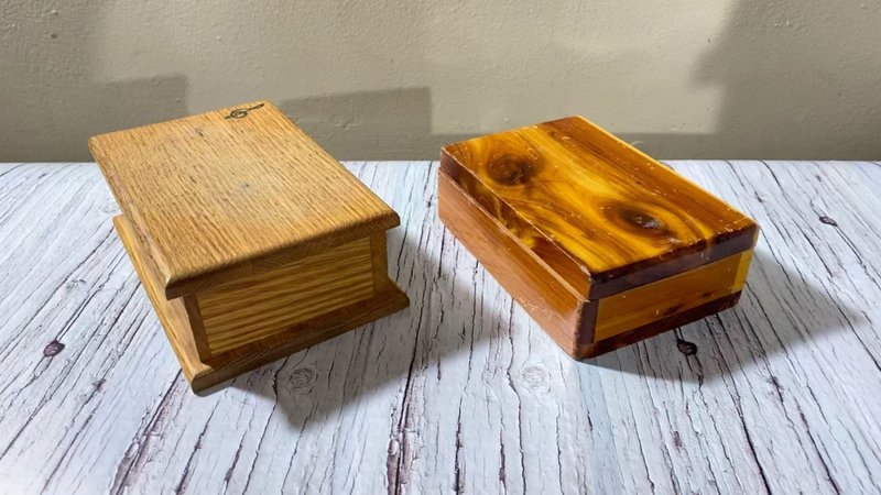 复古木制首饰盒 1980 年代纪念品盒 2 个小饰品储物盒内衬 - 纸盒/包装盒 - 木头 咖啡色