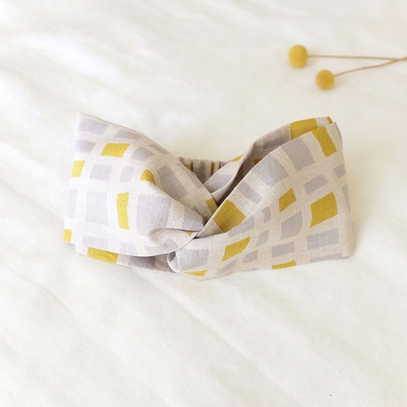 自然风宽发带。灰黄跳格子，亚麻 - 发饰 - 棉．麻 银色