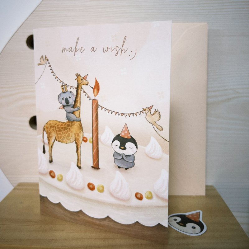 动物插画心意卡 | 企鹅 make a wish | 生日卡 - 卡片/明信片 - 纸 