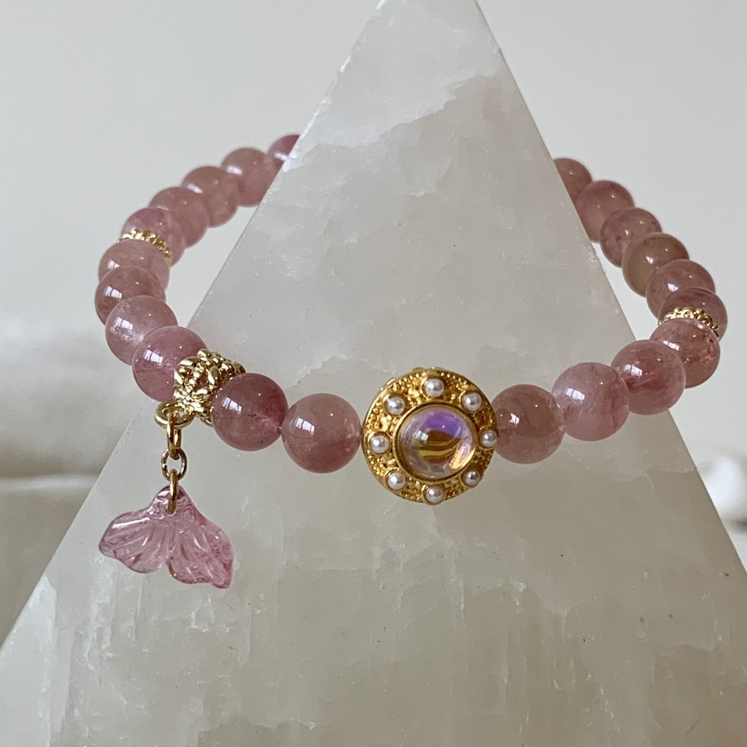 【小礼物推介】粉红碧玺 人鱼尾巴 6.7mm圆珠手链 天然水晶设计 - 手链/手环 - 半宝石 粉红色