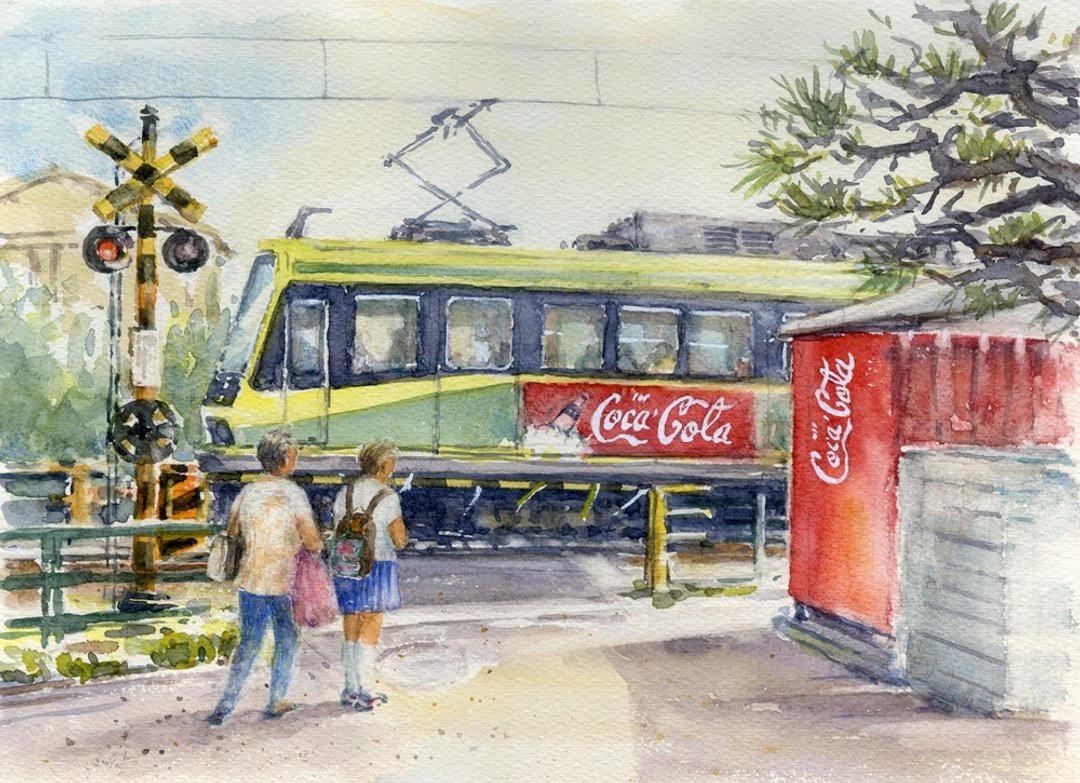 Watercolor painting Enoden railroad crossing scenery 10 - 海报/装饰画/版画 - 纸 红色