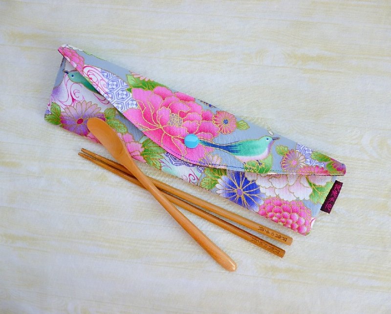 蓝绿底青鸟加长加大版环保餐具包 筷套 吸管袋 - 收纳用品 - 棉．麻 蓝色