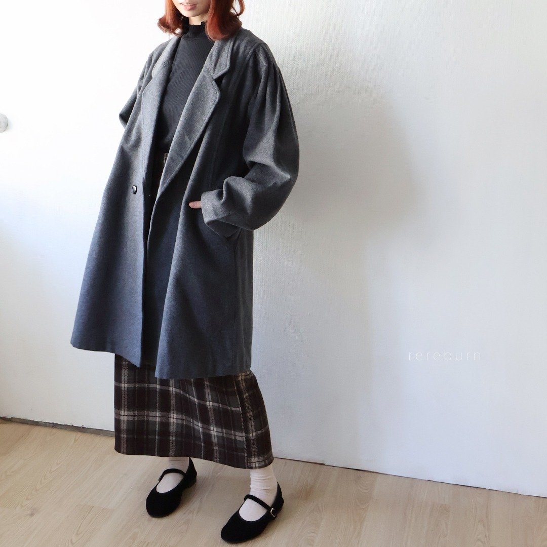 冬日本制复古剪裁宽松灰色羊毛古着大衣外套 - 女装休闲/机能外套 - 羊毛 灰色