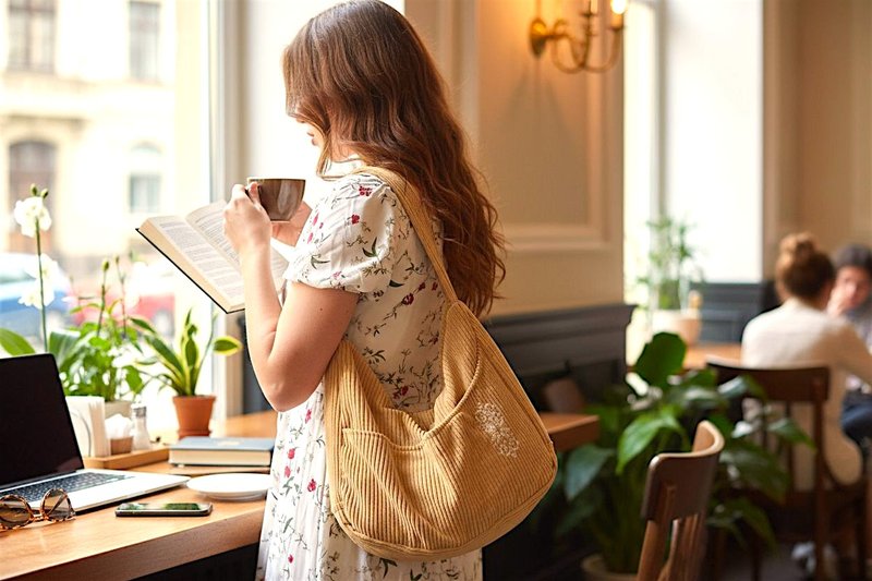 手工灯芯绒肩背包配十字绣 - 独一无二 - 侧背包/斜挎包 - 其他材质 黄色