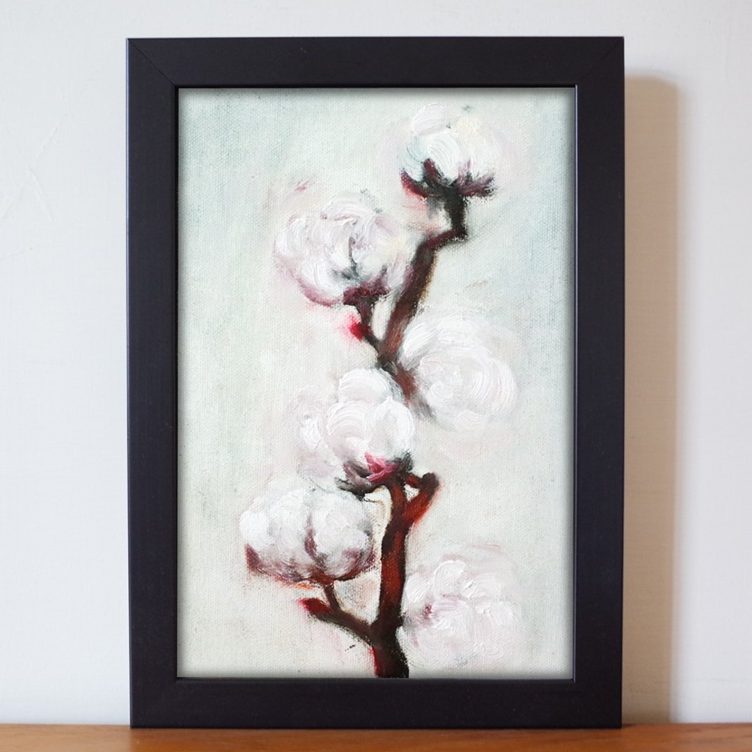 植物#63 棉花 油画 F 1号 含框尺寸约26*19cm - 海报/装饰画/版画 - 颜料 白色