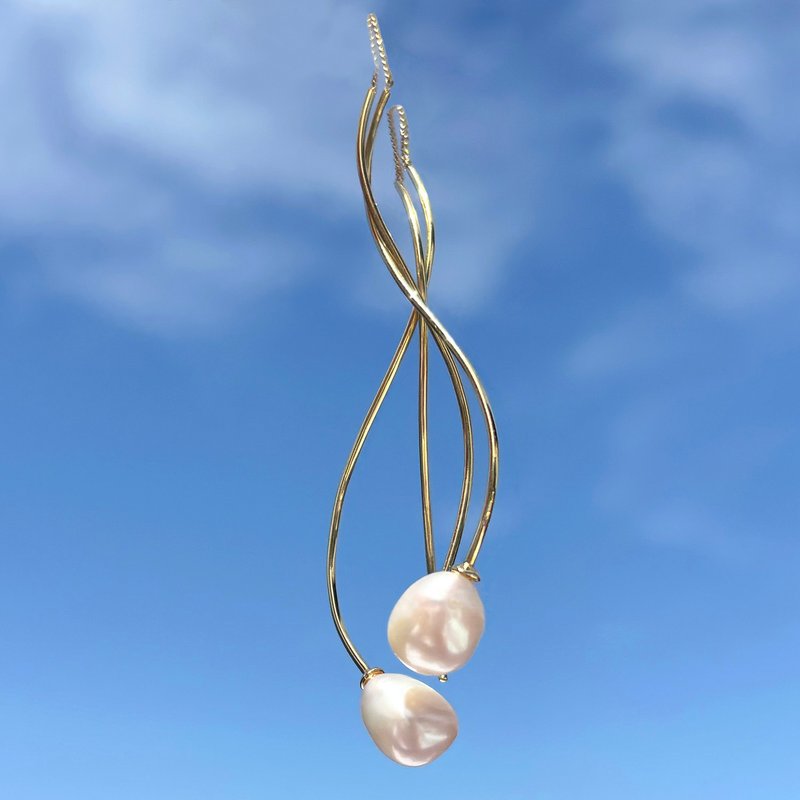 Josette珍珠流线穿线耳环 – 镀金银 - 耳环/耳夹 - 纯银 金色
