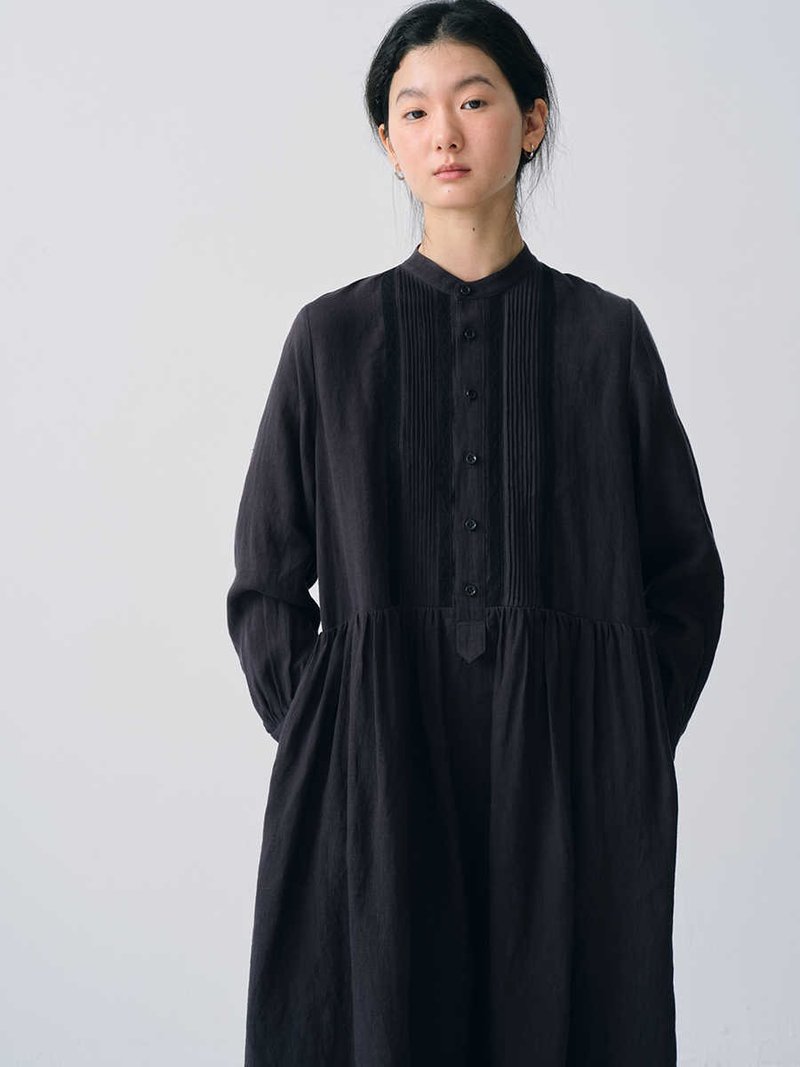 炭黑塔克复古蕾丝花边连衣裙洋装 - 洋装/连衣裙 - 棉．麻 多色