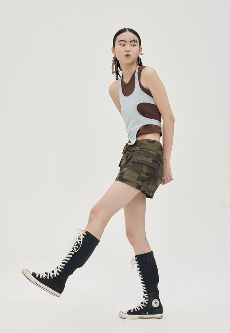 超强造型感 镂空背心两件套 萬能穿搭 (可分开搭配!) 优雅蓝棕 - 女装背心 - 棉．麻 蓝色