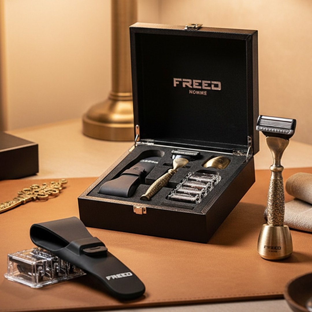 【FREED】尊爵四件组五刀式刮胡刀礼盒 - 仿古铜蚀刻雕花 定制刻字 - 男性清洁护肤品 - 其他金属 卡其色