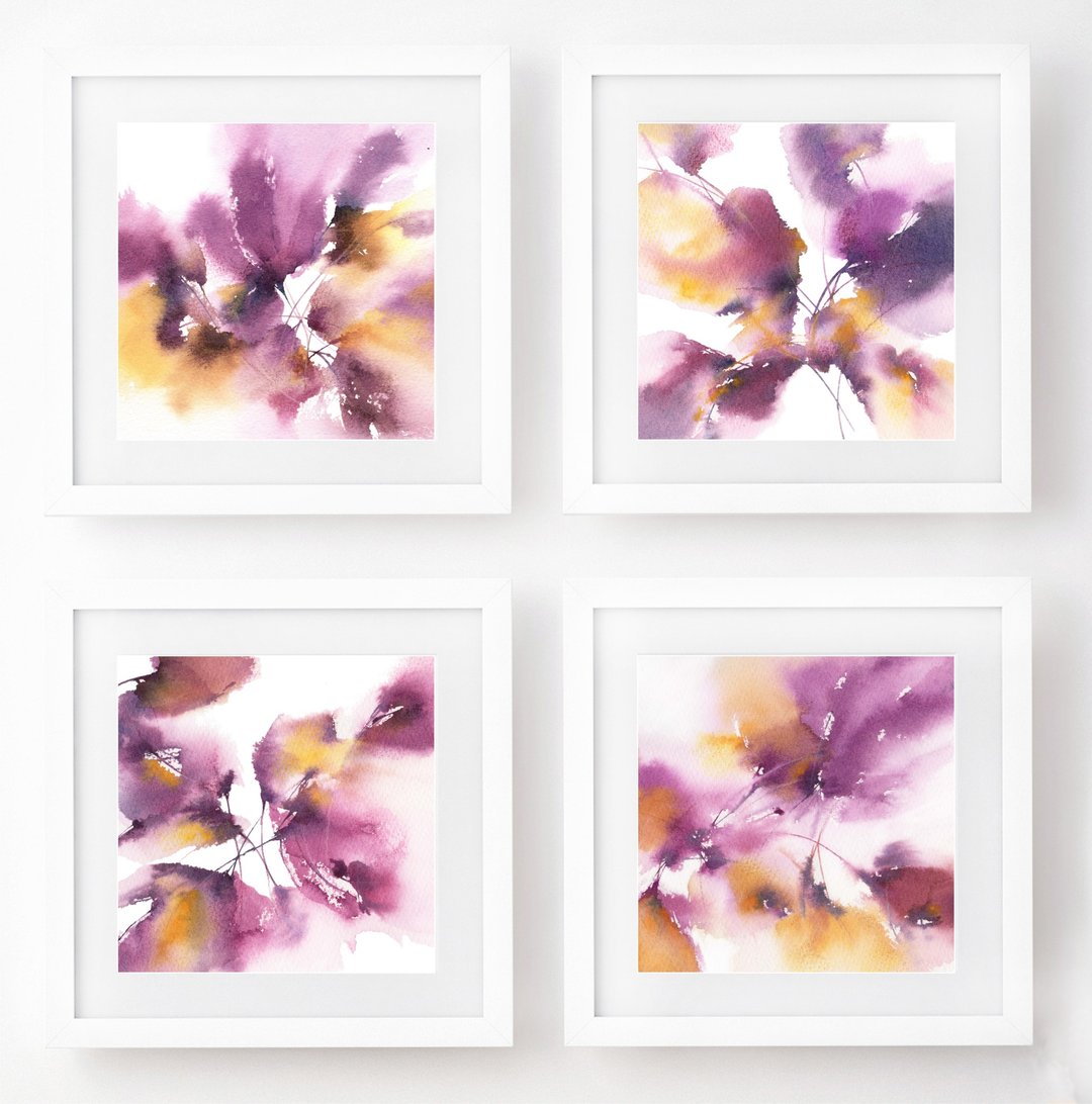 Set of floral cards for wall decor Original watercolor paintings Floral wall art - 海报/装饰画/版画 - 纸 紫色