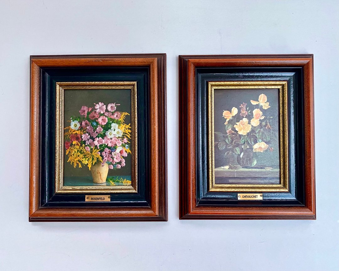 德国复古画布上充满活力的花朵静物画 - 墙贴/壁贴 - 木头 多色