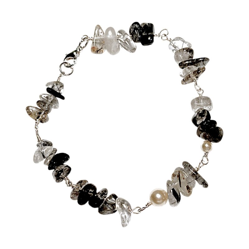 黑发晶 水晶珍珠 银色金属线手链 - 手链/手环 - 铜/黄铜 黑色