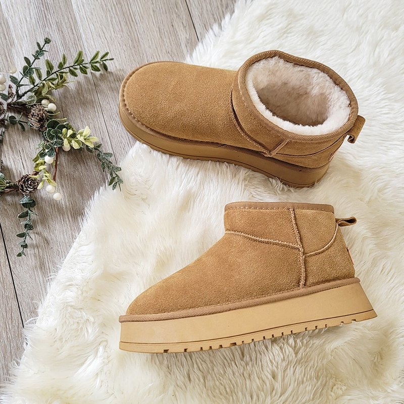 2色 真皮短筒雪靴 厚底增高保暖靴 厚毛 超值推荐 -  浅棕 黑 - 女款短靴 - 真皮 卡其色