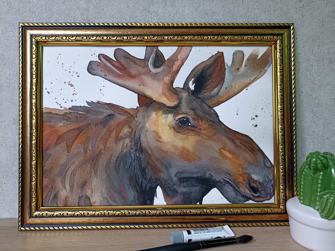 Watercolor original moose room decor animal painting art by Anne Gorywine - 墙贴/壁贴 - 纸 橘色