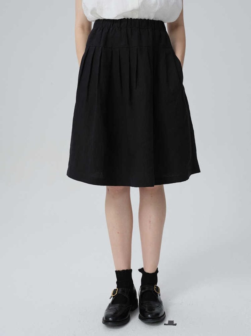 黑色亚麻经典百搭叠褶亚麻短半裙 - 裙子 - 棉．麻 多色