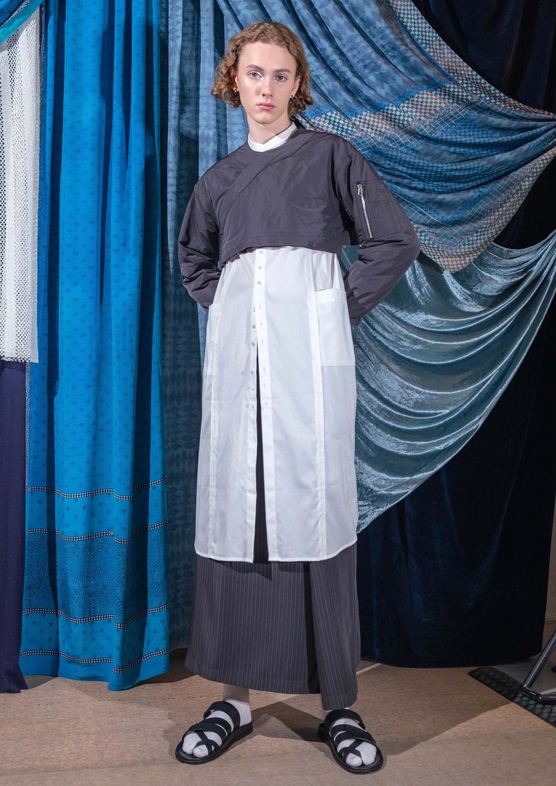 深灰中式襟夹棉短外套 - 男装外套 - 其他材质 灰色