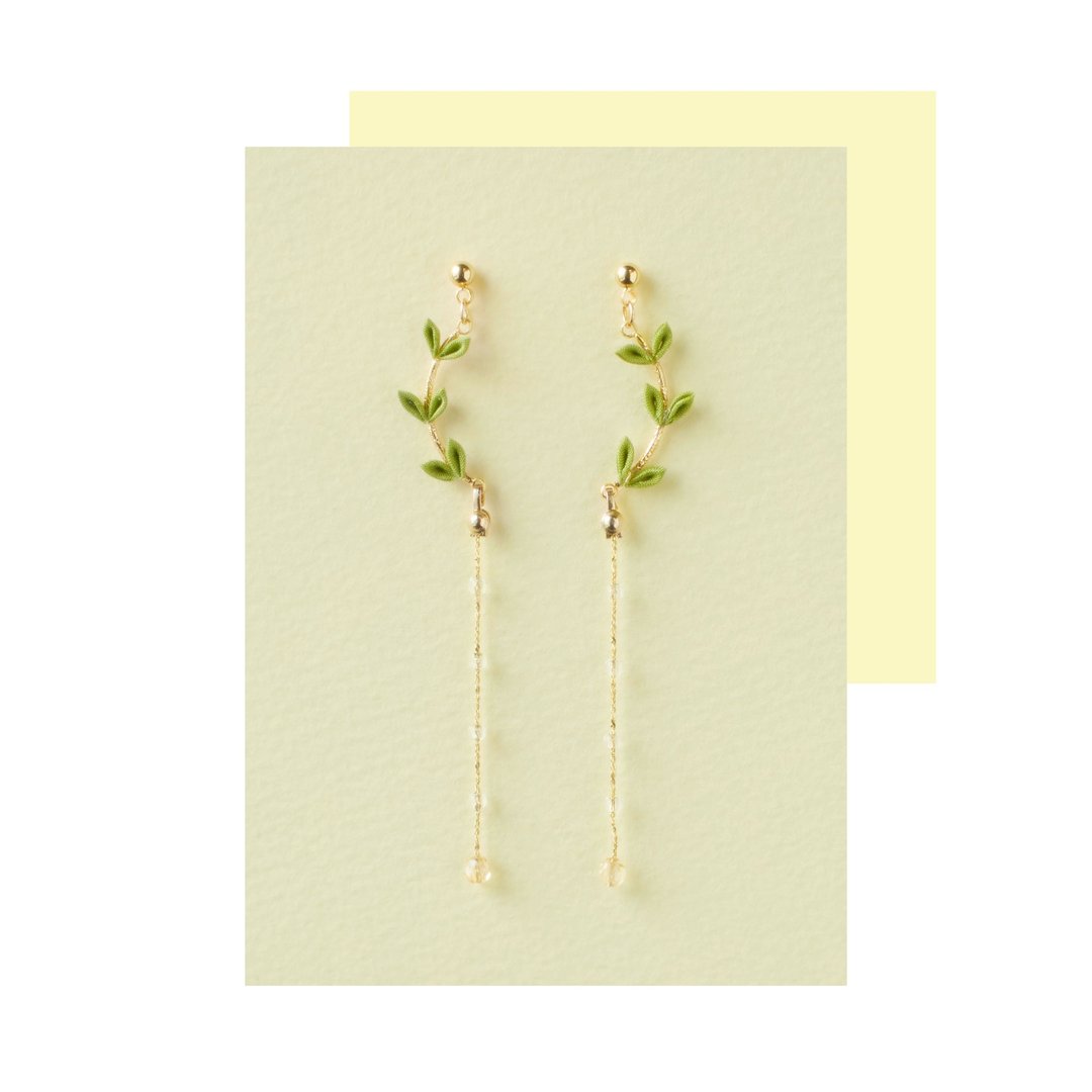 百里香叶片耳饰・耳夹 / 和服升级再造饰品 - 耳环/耳夹 - 丝．绢 绿色