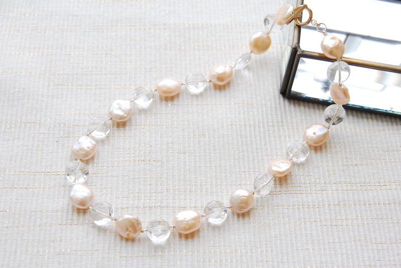 Pink gold pearl and crystal necklace - 项链 - 珍珠 粉红色