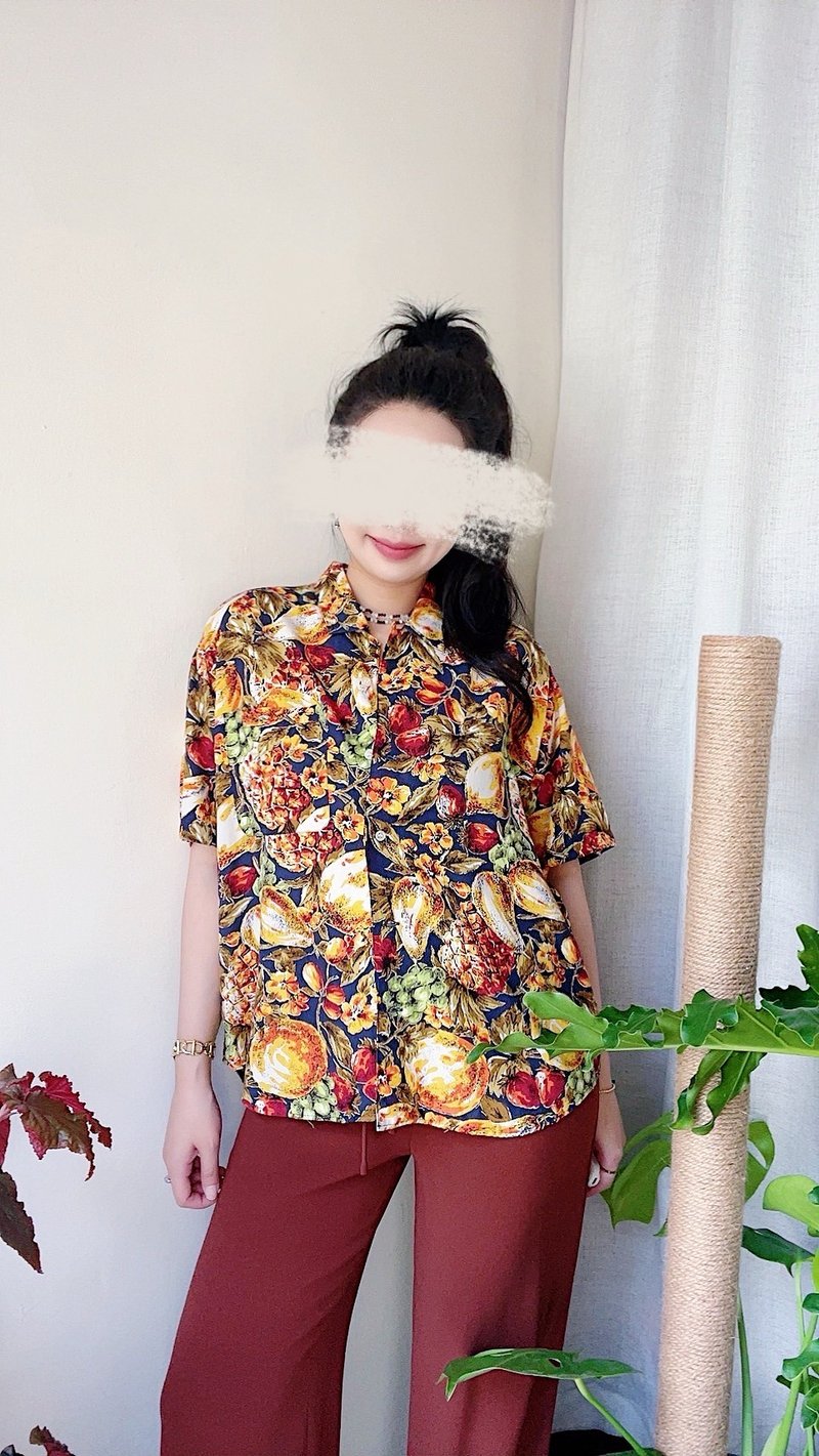 夏季清甜满版水果图腾 棉质薄料衬衫上衣罩衫shirt vintage 古着 - 女装衬衫 - 棉．麻 多色