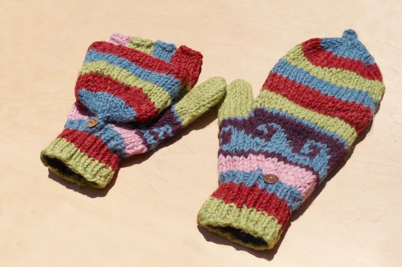 圣诞礼物 创意礼物 限量一件手织纯羊毛针织手套 / 可拆卸手套 / 保暖手套(made in nepal) - 北欧费尔岛图腾 彩虹糖果色 - 手套 - 羊毛 多色