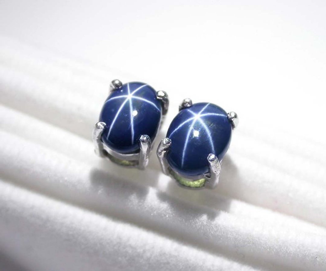 Natural star sapphier ring silver sterling or ring wedding size 7.0 free resize - 耳环/耳夹 - 纯银 蓝色