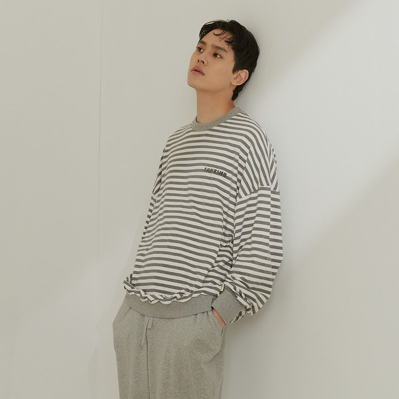 横条纹宽版长袖居家套装-墨石灰/UMORFIL胶原蛋白/居家服 - 居家服/睡衣 - 棉．麻 灰色
