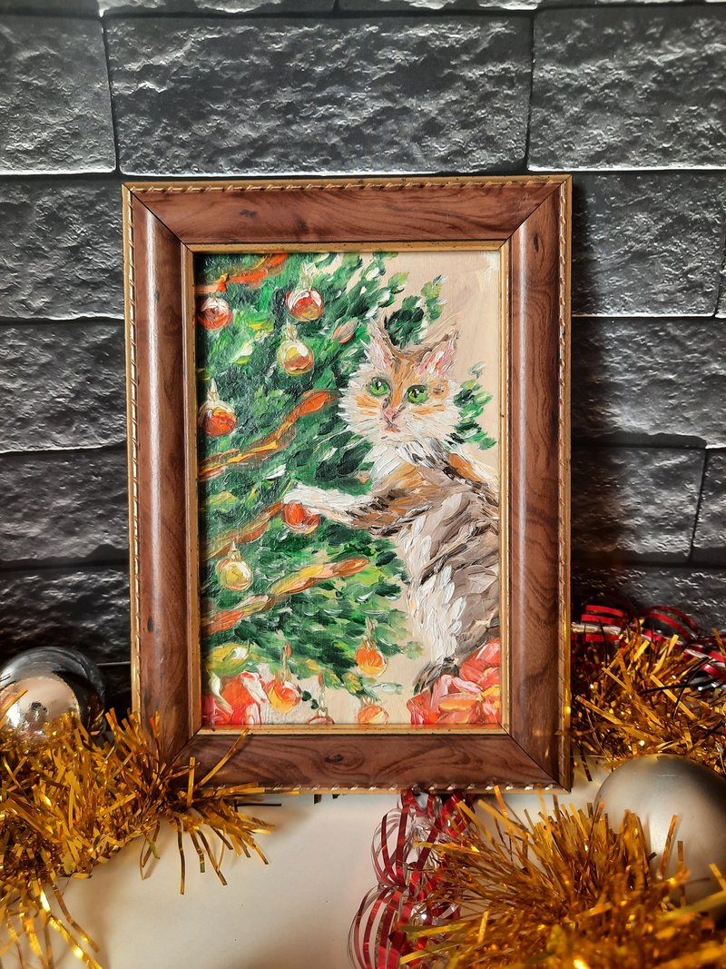 油画猫和圣诞节。圣诞礼物包装。定制礼物。圣诞礼物 - 海报/装饰画/版画 - 木头 绿色