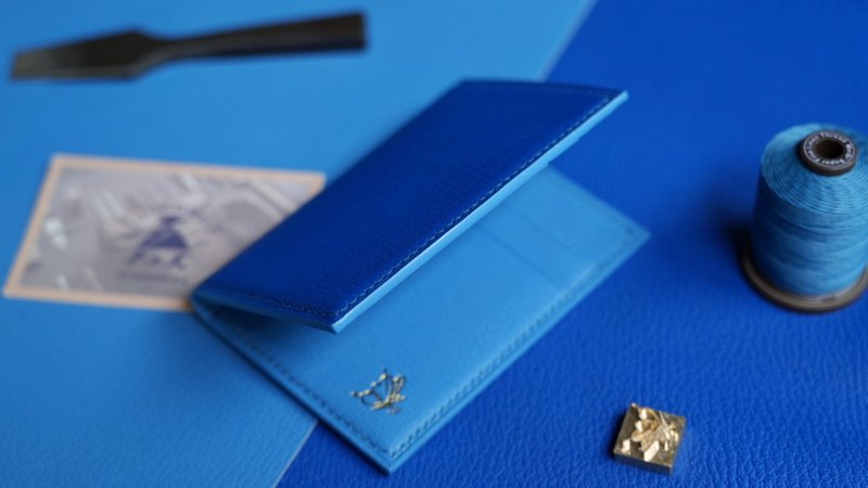 两折简约卡包随身小钱包 纯手工法国羊皮 定制化刻字礼物 撞色 - 皮夹/钱包 - 真皮 蓝色